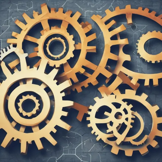 Interconnected gears symbolizing PERT and Gantt charts, showcasing their relationship as essential project management tools for handling task dependencies