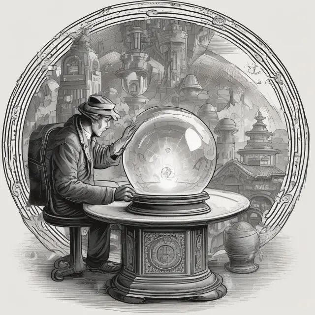 Time Traveler examining political, economic, social, and technological factors through a crystal ball for strategic decision making.