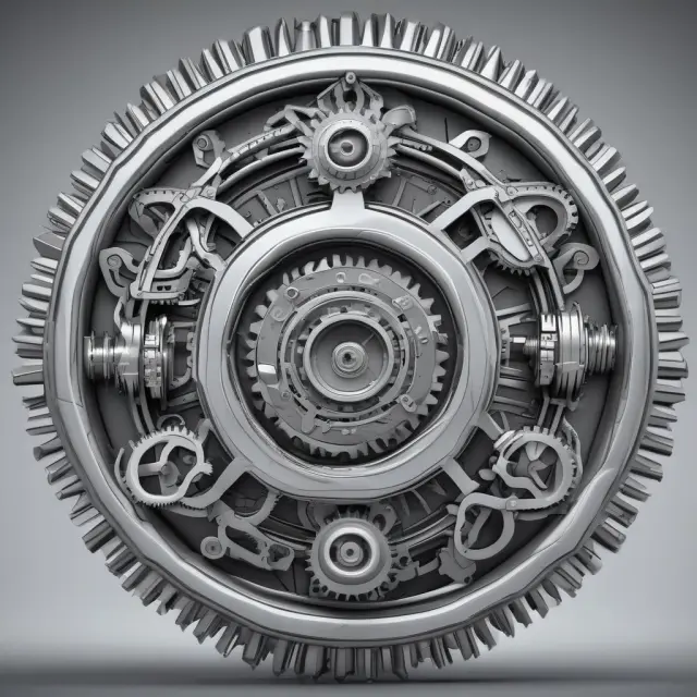 Cogs symbolizing industries interacting, with technology represented by a dynamic gear driving their evolution