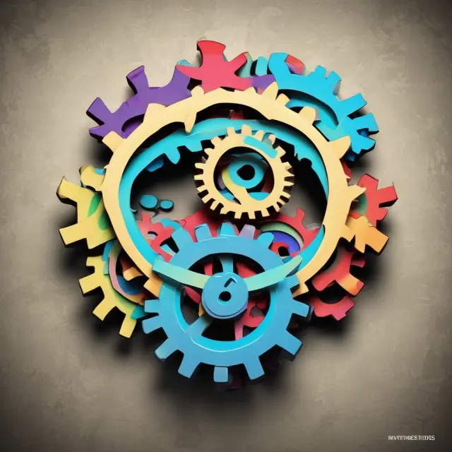 Interconnected gears symbolizing PEST analysis (external factors) and SWOT analysis (internal strengths & weaknesses) working together for strategic planning