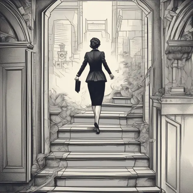 An image of a secretary climbing a staircase, progressively morphing into an overwhelmed manager, representing the Peter Principle