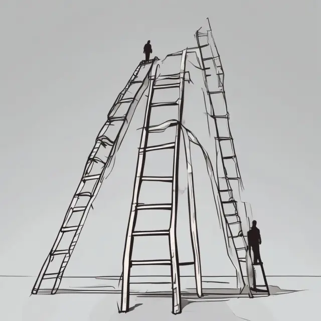 An image of a ladder symbolizing the Peter Principle, where individuals climb rungs representing their competencies but some slide back due to lack of potential for growth