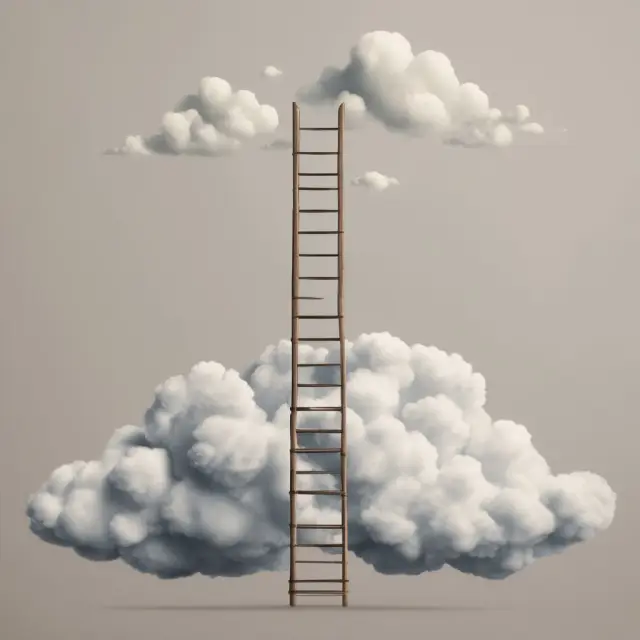 Ladder reaching up to a cloudy summit, representing the Peter Principle