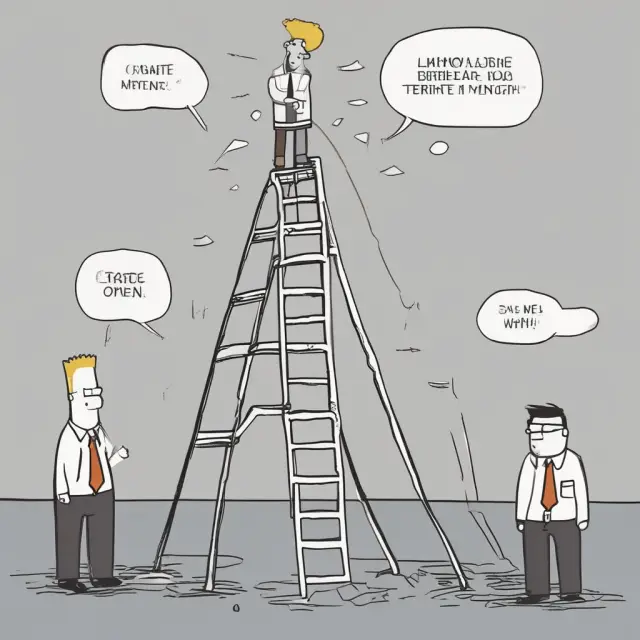 Golden Dilbert character replacing rungs on a corporate ladder, representing the promotion of less-competent employees to management positions