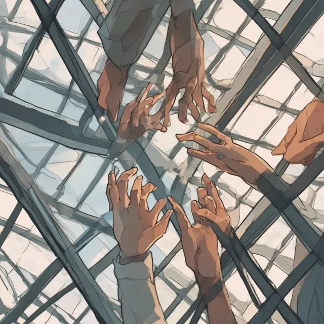 Women unitedly climbing a jagged glass ceiling to overcome gender bias in the workplace