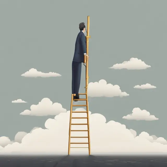 Golden ladder represents career advancement, slipping rungs depict the Peter Principle