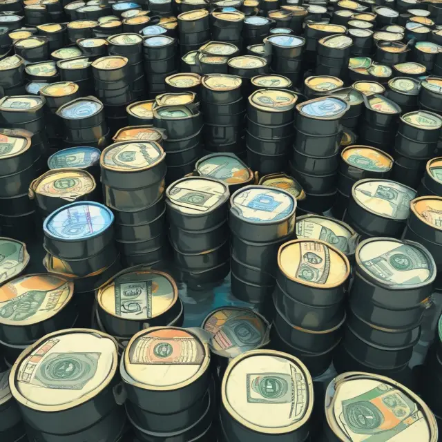 An image of oil barrels pouring U.S. dollars into a large pool, representing the process of petrodollar recycling.