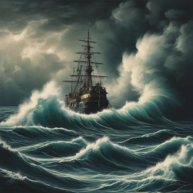 A turbulent sea symbolizing petrodollars, revealing hidden human rights violations beneath the surface