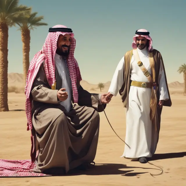 An image of a historical dance between the US dollar and Saudi Arabia, symbolizing the petrodollar relationship through oil barrels exchanging hands with U.S. dollars.