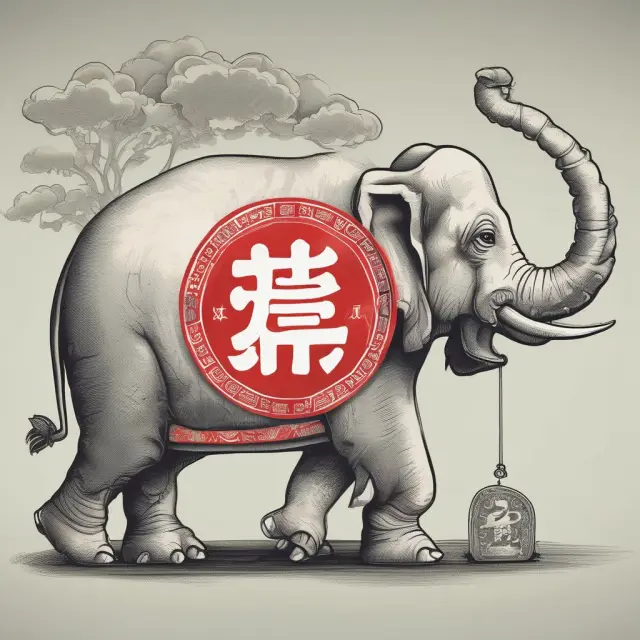 An elephant representing petrodollars delicately balancing a Renminbi yuan on its trunk, illustrating the tussle between oil currencies