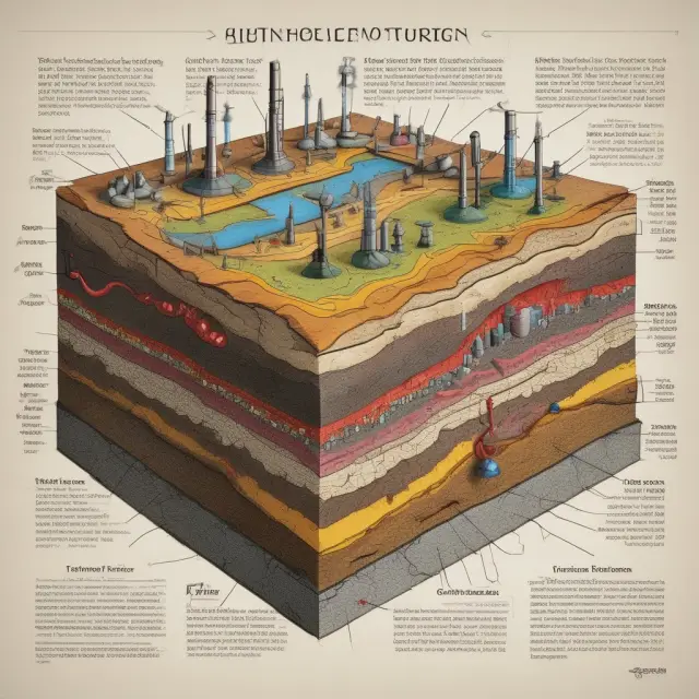 An ancient seascape with organic material settling, buried under sediment layers, transforming into petroleum through heat and pressure deep beneath the Earth