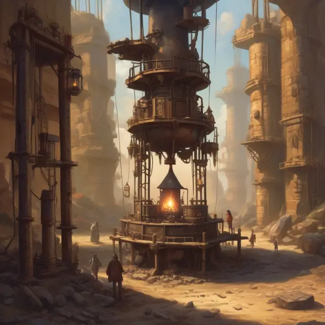Image of an ancient oil well with a golden drillbit, representing exploration. Crucibles and stills in the background symbolize refining processes.