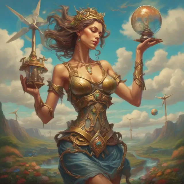 A personification of Earth, Gaia, holds an hourglass with oil and wind turbines, representing the weighing of pros and cons between petroleum and renewable energy sources.