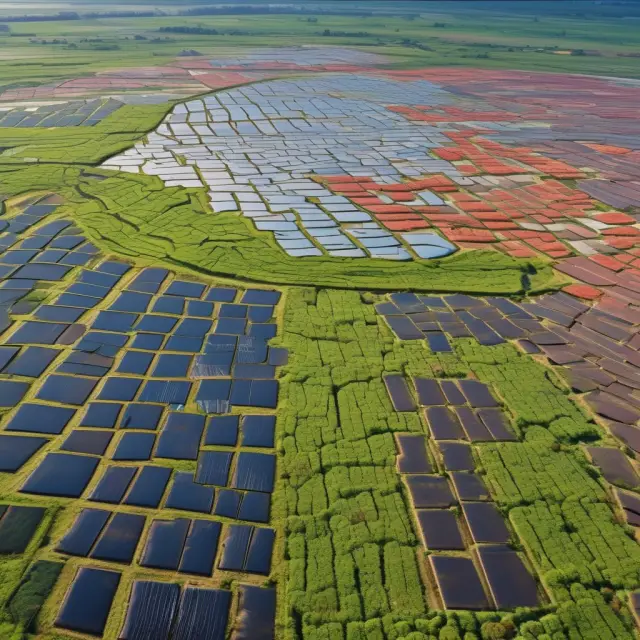 An image of renewable energy sources (wind turbines, solar panels, hydroelectric dams, and geothermal steam vents) growing from barren petroleum pumps