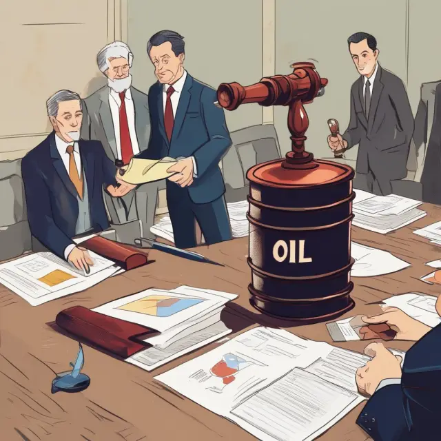A government official using a gavel to shape an oil barrel while reviewing policy papers