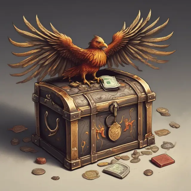 An image of a fiery phoenix guarding a locked chest, representing the importance of securing petty cash funds and mitigating risks.