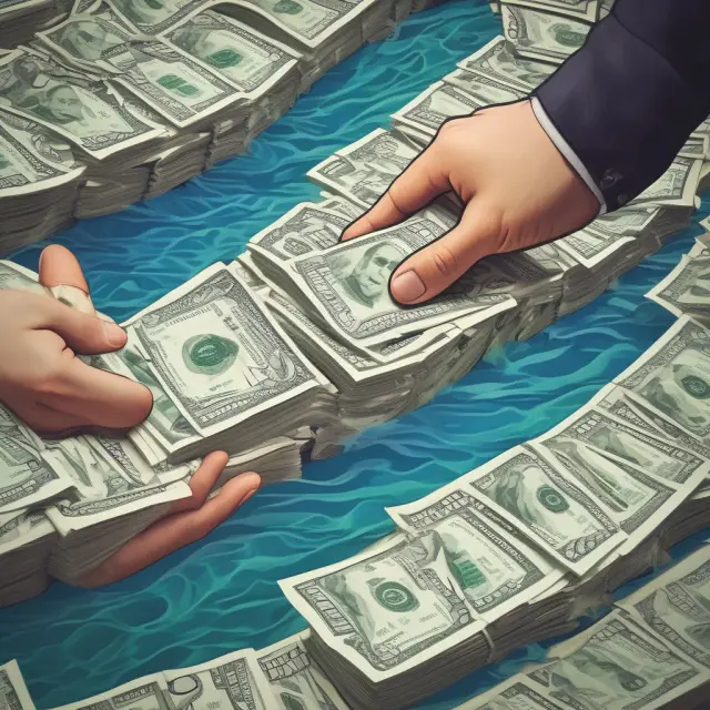 Petty cash depicted as a meandering river flowing into the vast ocean of cash on hand, emphasizing their interconnected role in financial management.