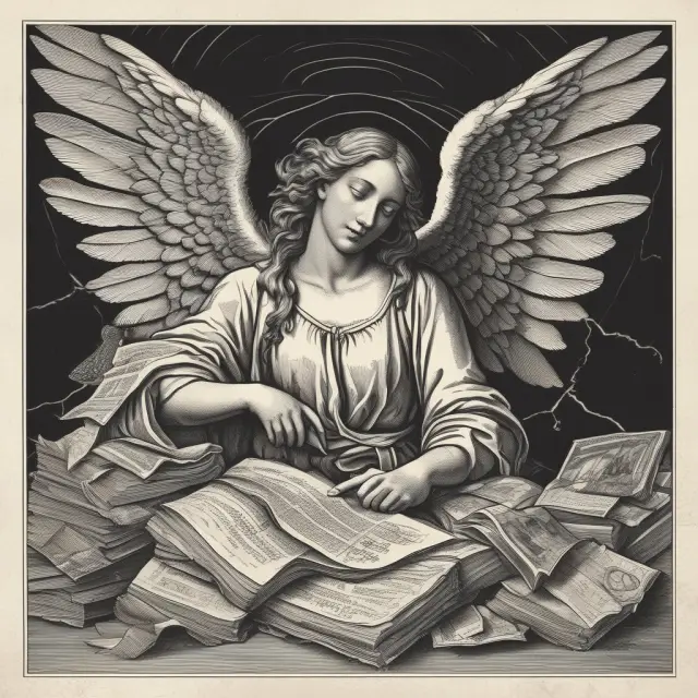 Angel supervising petty cash with organized documents and balanced funds