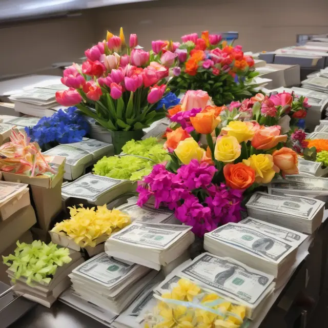 A vibrant scene of a petty cash fund filled with blooming flowers, office supplies like pens and paper, catered meals, and stacks of employee reimbursement checks