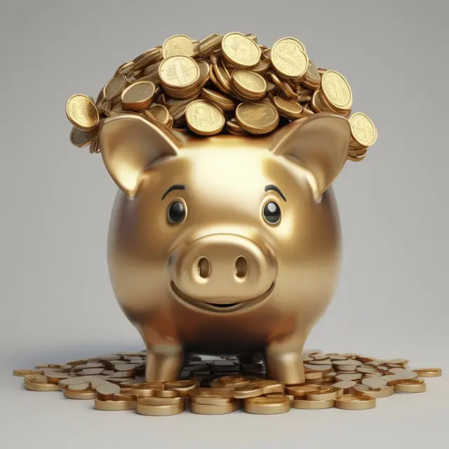 Golden piggy bank filled with coins representing a company