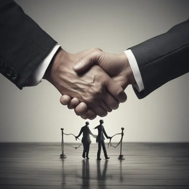Handshaking figures exchange phantom stock: Appreciation Only & Full Value representing intangible equity.