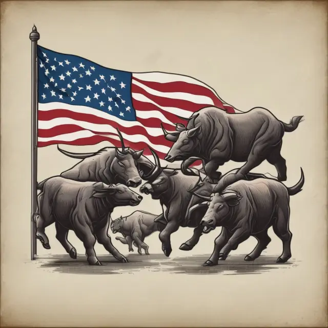 Scene of phantom stock bulls and bears joining forces around a company flag. This metaphorically illustrates the flexible incentive strategy for employee retention through phantom stock.