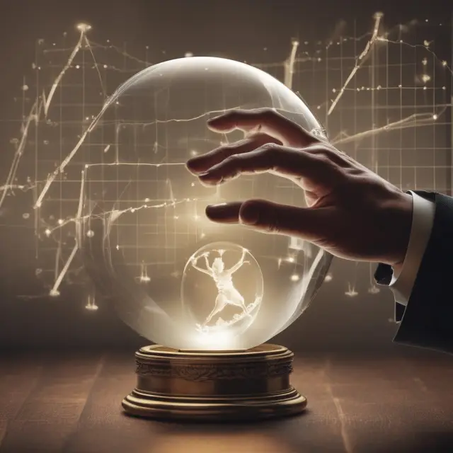 Phantom hand emerging from a crystal ball, offering rewards to a rising gold stock graph, representing phantom stock as an organizational benefit