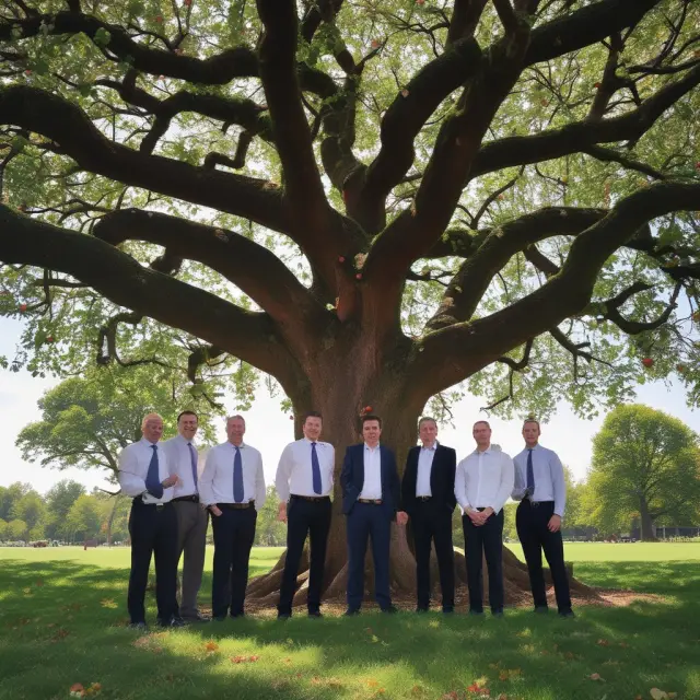 Management group engaging with phantom stock plan concepts, surrounded by symbolic fruit