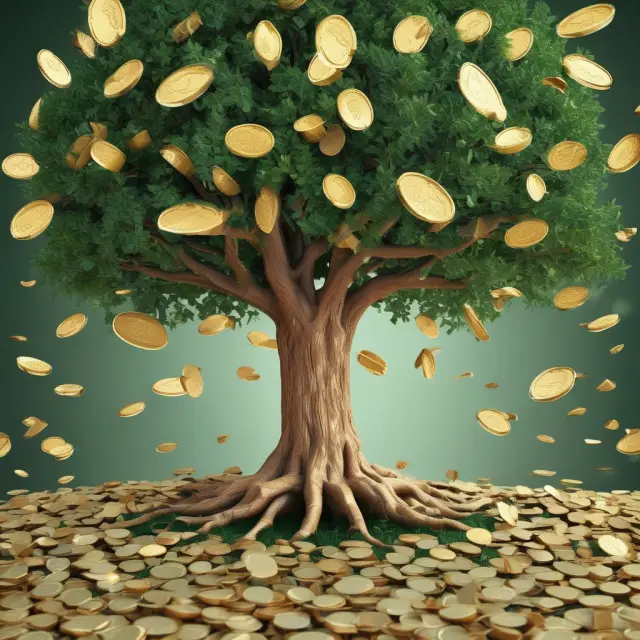 A golden tree laden with coins and dollars sign leaves symbolizes philanthropic tax savings via the Charitable Contributions Deduction