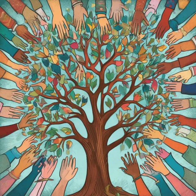 Diverse hands forming a tree in a kaleidoscope pattern, representing the collective power of giving and philanthropy