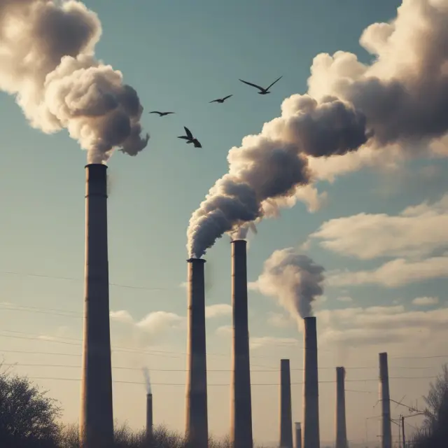 A factory emits pollution as birds fly away, representing negative externalities in economics