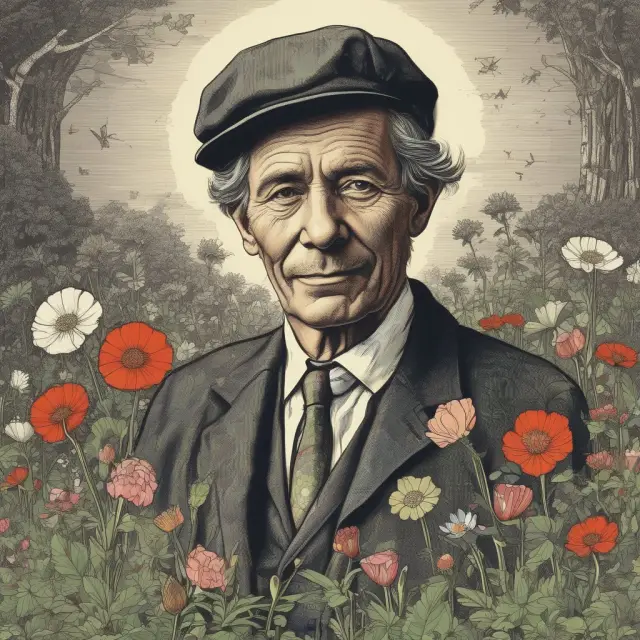 Arthur Pigou in a lush garden, surrounded by blooming flowers symbolizing improved social welfare and reduced negative externalities from Pigovian taxes.