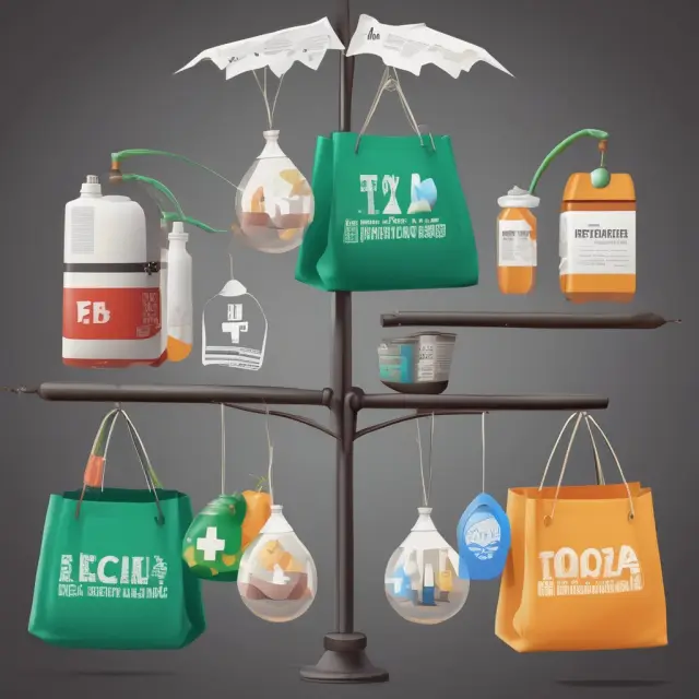 Illustration of Pigovian taxes: balances symbolizing carbon emissions, plastic bags, tobacco, and alcohol taxes to address negative externalities.