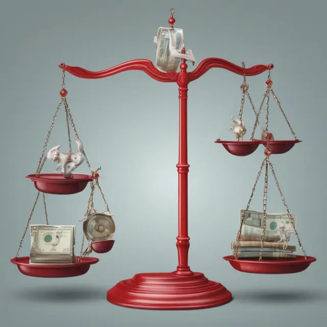 An economist assessing the external cost of an economic activity using balance scales, supported by market instruments and collaborative governance.