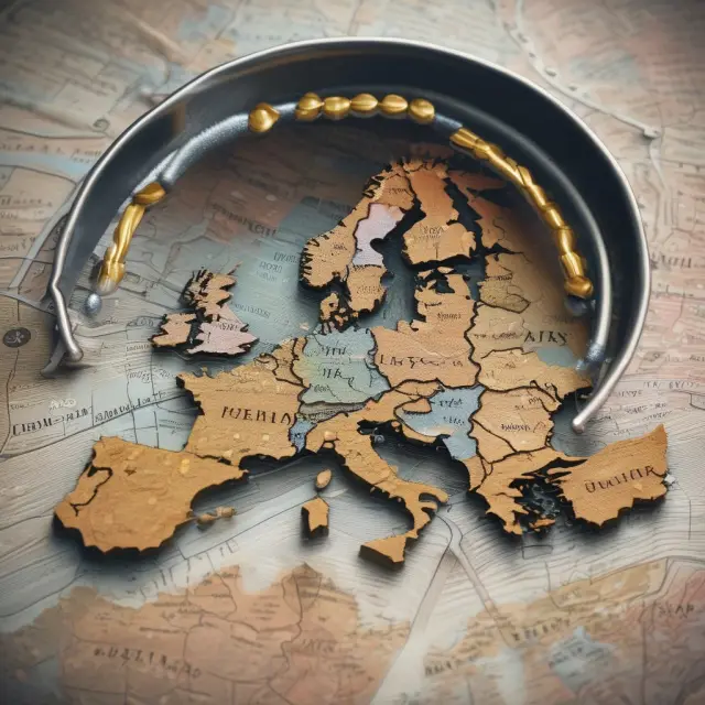 Map of Europe showing gold coins (euros) flowing from several countries into a leaky sieve, illustrating the European Debt Crisis