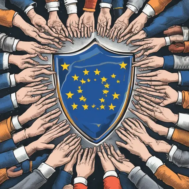European Union leaders offering support to the PIIGS (Portugal, Italy, Ireland, Greece, Spain) countries, symbolized by hands forming a protective shield