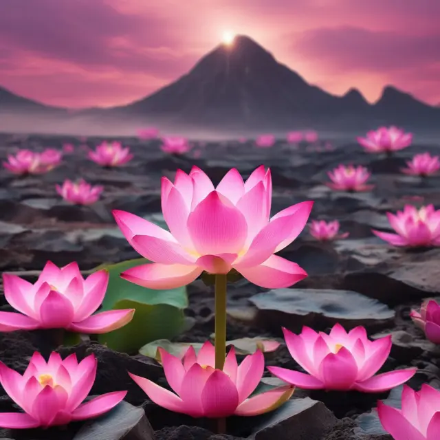 A pink lotus blooming amongst a volcanic penny stock market landscape, representing the potential for success despite risks