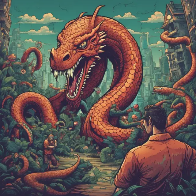A trader in a suit, wielding a sword, facing a multi-headed pip manipulation hydra. Regulators, symbolized by an owl, offer guidance from the side.