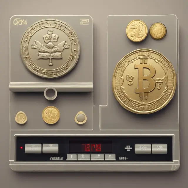 A set of scales displays coins labeled as 