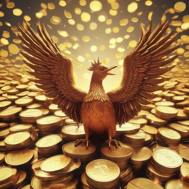 A phoenix rises from a vast sea of golden coins, symbolizing a public company