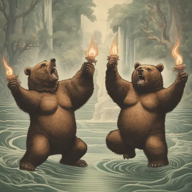 A bear symbolizing a PIPE investor dances with a torch passed by secondary offering investors, while an IPO is depicted as a blooming lotus