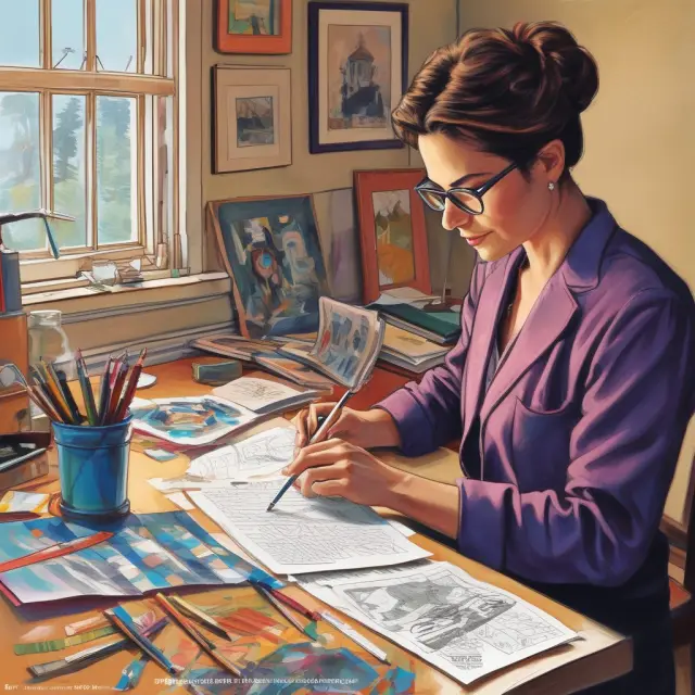 An artist meticulously creating a pitchbook with captivating visuals, effectively conveying the worth of an investment deal or product.