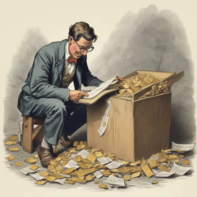 An investor carefully examining pitchbooks with a magnifying glass, seeking innovative solutions