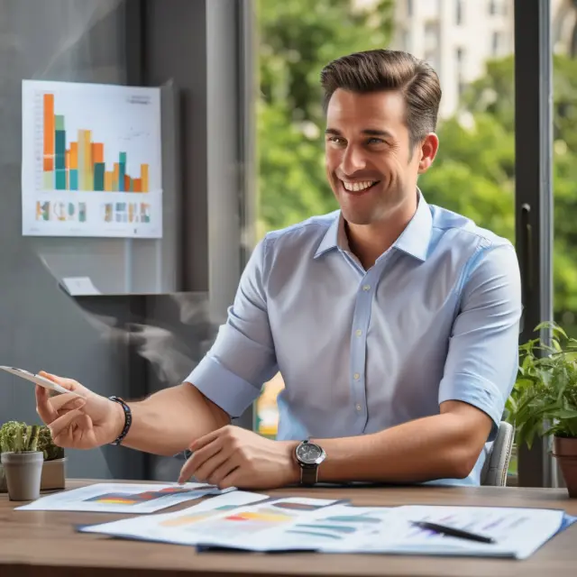 Investment guru with pitchbook on sunlit terrace. Includes charts, graphs, and client testimonials.