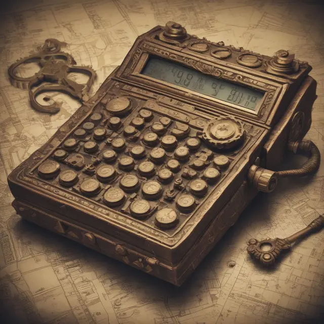 An ancient calculator with gears and levers reveals golden pivot points amidst financial charts