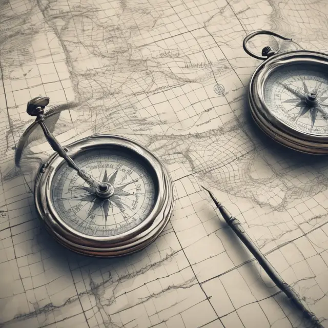 Two compasses navigating a stormy sea, one marked with pivot points and the other with Fibonacci retracements - illustrating their roles in determining support and resistance levels