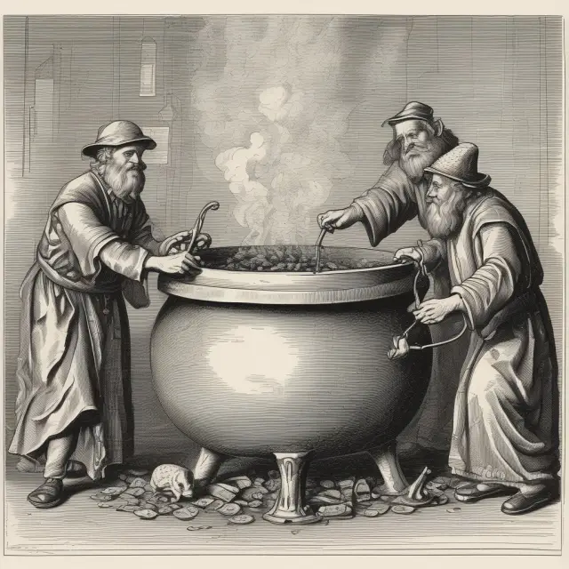 Financial alchemists brewing potions of cash flows in a cauldron. Three magical elixirs: interest rate swaps, commodity swaps, and currency swaps.