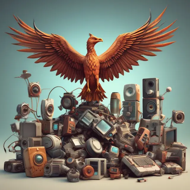 Image of a mythical Phoenix emerging from a pile of old gadgets, representing the concept and implications of planned obsolescence in business