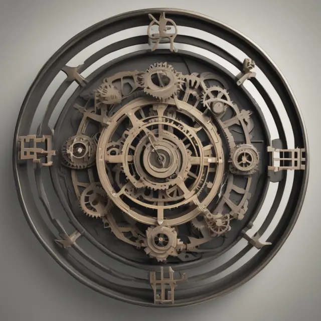 An antique clock featuring two interconnected gears: one labeled 