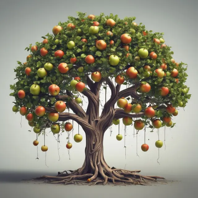 Tree bearing apples representing new tech; some ripe and ready to fall (upgrade), others rotten and discarded (planned obsolescence)